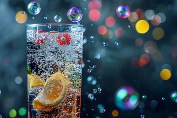 A glass of water with a lemon slice floating in bubbles, A refreshing drink with colorful bubbles floating above - Powered by Adobe