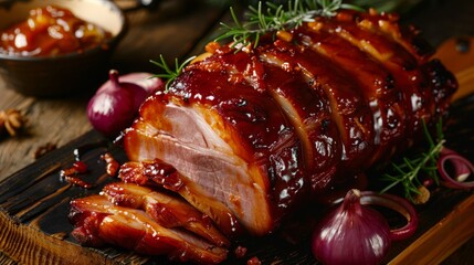 American cuisine. Pork ham baked with barbecue sauce and onions.