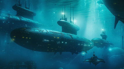 Futuristic Submarine Fleet at Underwater Base Ready for Covert Mission, Panoramic Banner