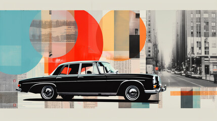 Collage style, magazine cut out, 1970 European car on the streets of London, design poster, lino print, abstract modern minimalism, mid century modern, 