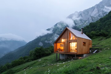Obraz premium A small cabin sits amidst rugged mountain landscape, isolated and surrounded by nature, A remote mountain cabin converted into a workspace