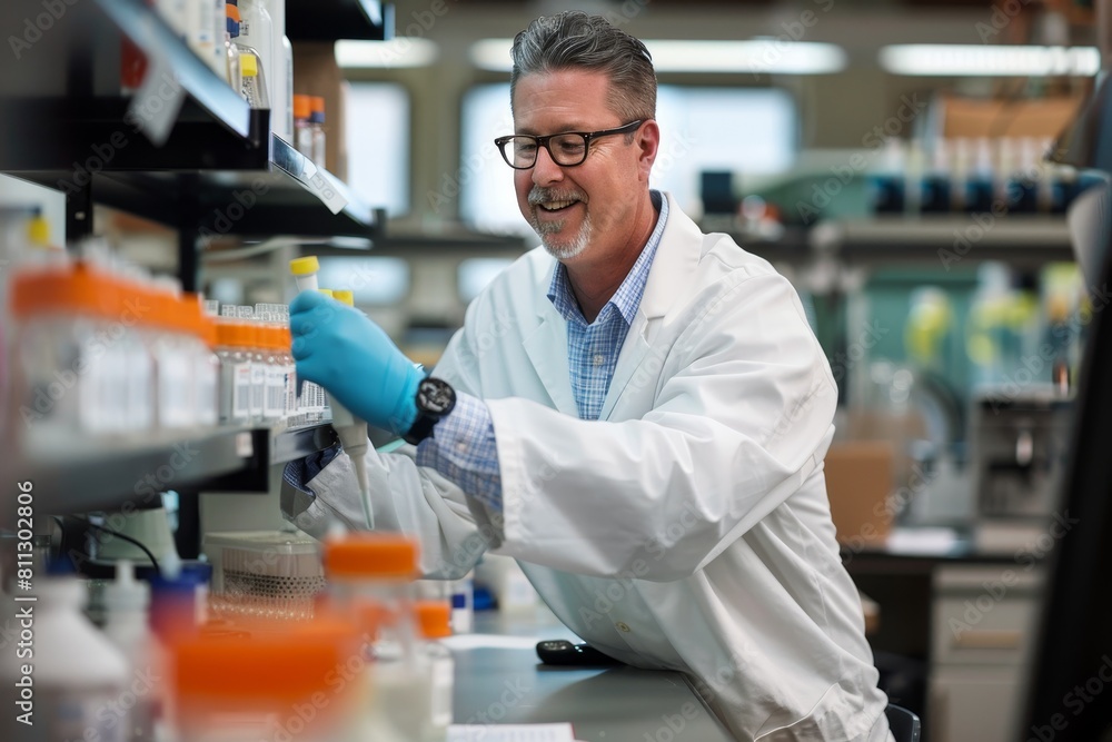Poster a man in a lab coat and blue gloves conducting experiments in a laboratory setting, a respected scie