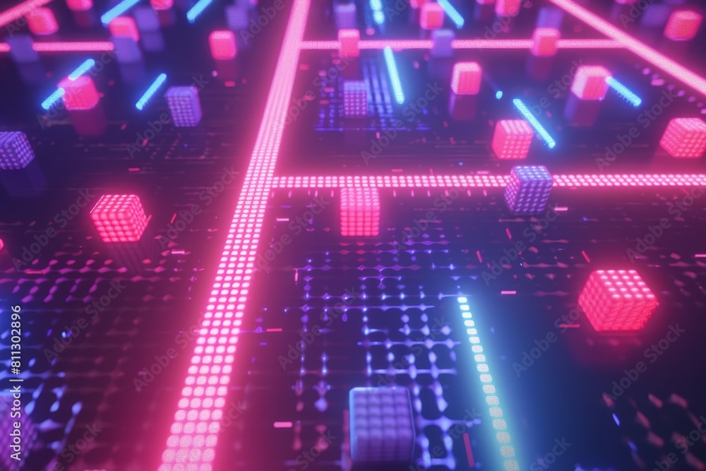 Poster a computer screen showcasing a retro s arcade game-inspired grid with neon lights of various colors,