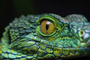 Fototapeta premium Detailed view of a green lizards eye, showcasing vibrant colors and intricate details, A reptile with vibrant green scales and sharp, yellow eyes