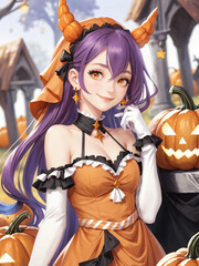 Sexy Girl With Pumpkin Halloween Painting Generative AI Illustration 