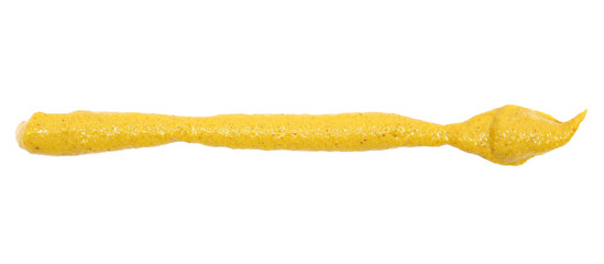Yellow mustard sauce, line spread isolated on white background, top view