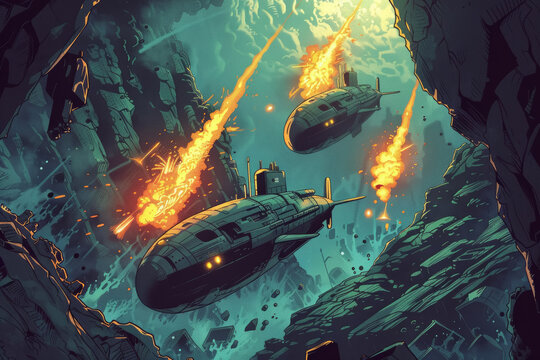 Thrilling Submarine Chase in Underwater Canyon with Explosive Torpedo Action