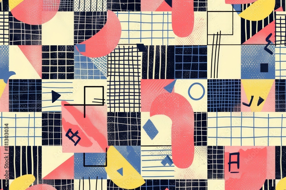 Poster a vibrant retro-inspired grid pattern featuring bold geometric shapes in an array of colors, a retro