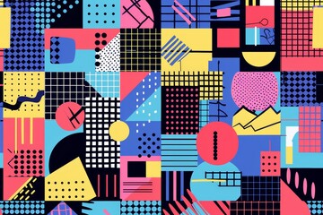 Vibrant, retro-inspired grid pattern featuring bold geometrical shapes and a variety of bright colors, A retro 80s inspired grid pattern with bold geometric shapes