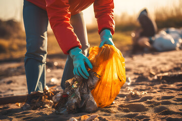 Close-up of a volunteer’s hands picking up trash on a muddy beach, showing the effort to clean up the environment, highlighting    Generative AI,