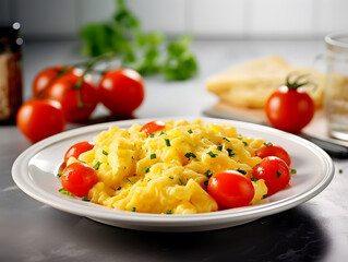 Healthy breakfast idea with scrambled eggs with herbs and fresh tomatoes, on kitchen table blurry background  