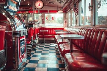 A classic diner setting with a checkered floor and vibrant red booths, A retro diner with red leather booths and a jukebox playing oldies tunes