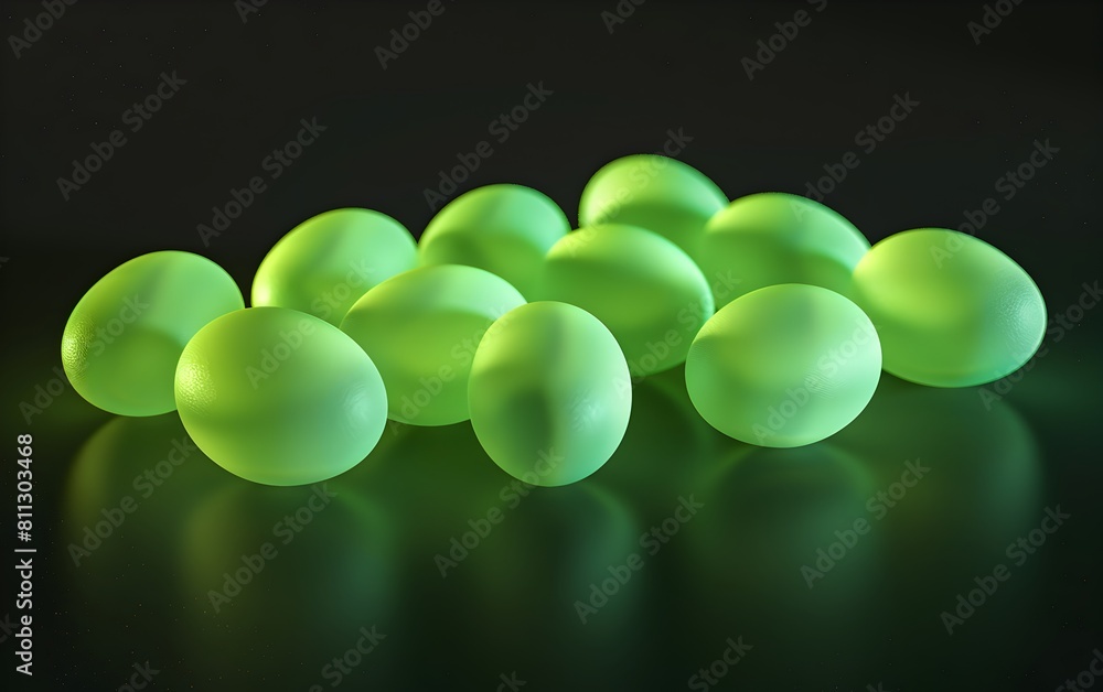 Poster a bunch of glowing green eggs on a black background in the style of a neon color with a glow light e