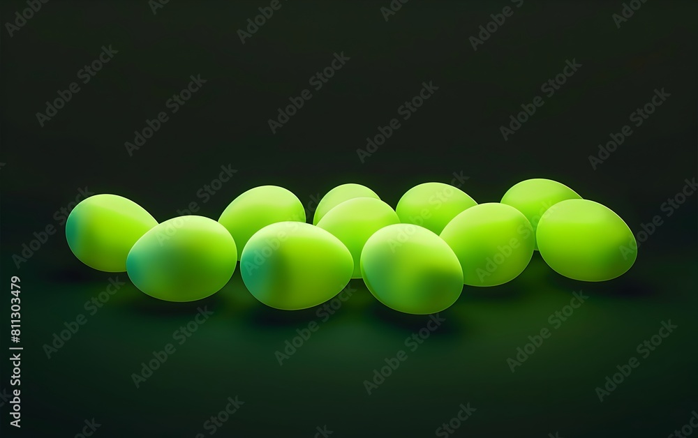 Poster A bunch of glowing green eggs on a black background in the style of a neon color with a glow light effect and glow texture and glow shape and glow