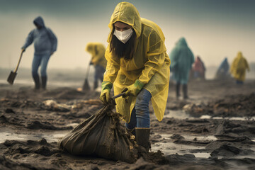 Determined volunteer wearing a raincoat while cleaning up a storm-lashed, muddy beach, depicting the challenge and dedication   Generative AI,