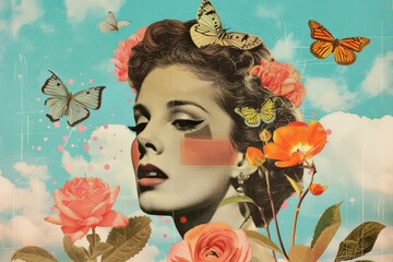 Collage featuring a womans face surrounded by flowers and butterflies in a retro-inspired design, A retro-inspired collage of vintage illustrations