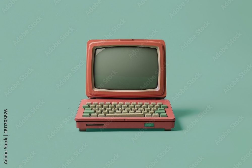 Poster an old computer with a vintage color palette placed on top of a green surface, a retro-inspired lapt