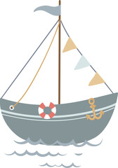 Colorful vector illustration of a playful ship, designed in a charming childlike style, perfect for children's books or themed decorations.