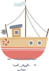 Colorful vector illustration of a playful ship, designed in a charming childlike style, perfect for children's books or themed decorations.