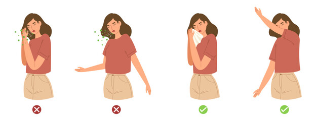 Flat vector illustration of female sneeze and cough with the right and the wrong way. Concept of how to stop virus pandemic by using handkerchief or inner elbow when sneeze and cough. COVID-19