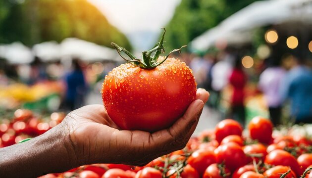 m&atilde;o segurando tomate fresco vermelho na feira, agro