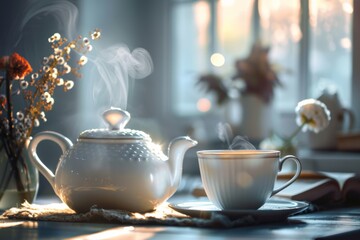 White Tea Kettle and Cup on Table