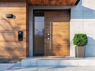 A modern front door with a planter and a potted plant.