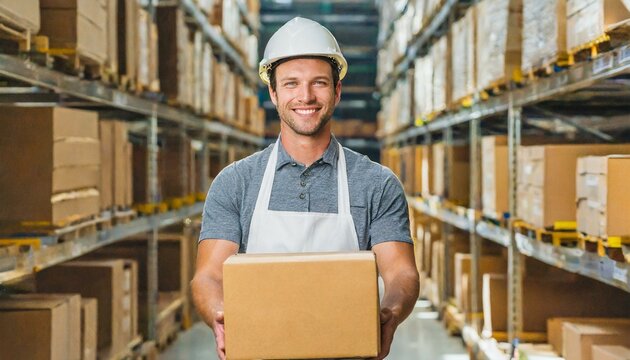 homem carregando caixa de entrega em armaz&eacute;m, compras e envios online, log&iacute;stica