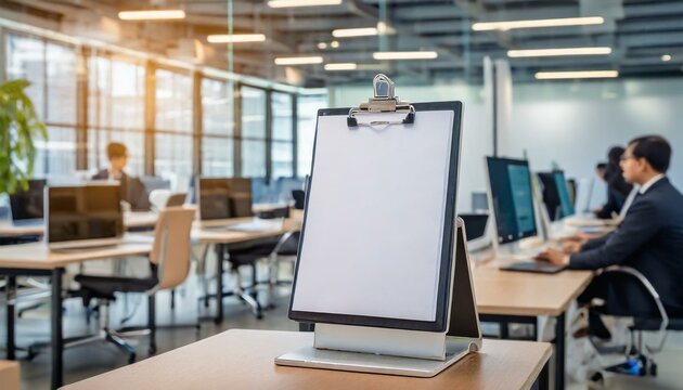 prancheta em branco em frente a escrit&oacute;rio moderno, espa&ccedil;o para texto, listas, tarefas, afazeres