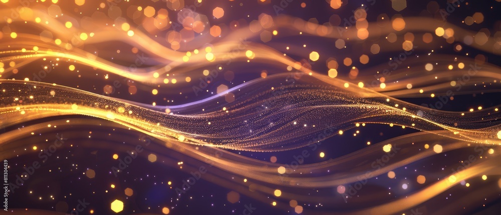 Poster an abstract background showcases glowing neon lines and bokeh lights in sapphire and gold colors, re
