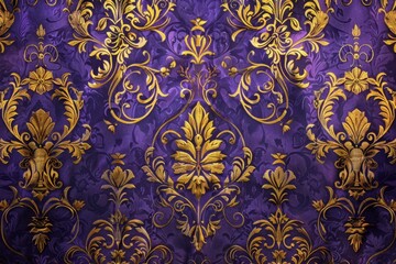 Detailed view of royal purple wallpaper adorned with intricate golden design, A rich, royal purple tapestry with intricate golden accents