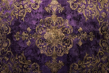 A close-up view of a rich royal purple wallpaper with intricate golden patterns, A rich, royal purple tapestry with intricate golden accents