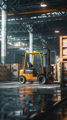 Bright orange forklift truck ready amidst numerous pallets of boxes in a bustling, meticulously arranged industrial warehouse, showcasing efficiency