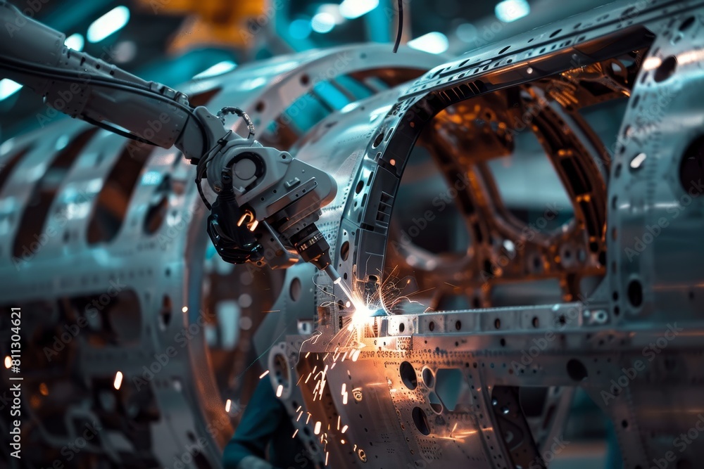 Poster close-up view of a machine generating sparks while welding a cracked section of an aircraft fuselage