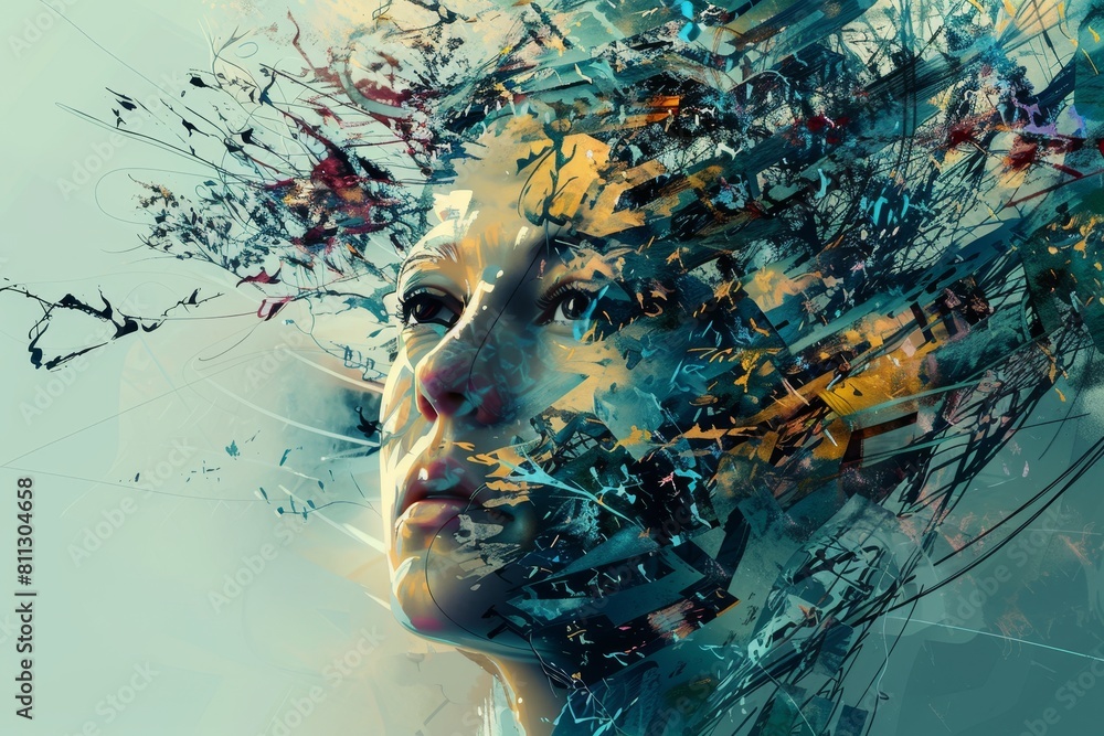Aufkleber a close-up view of a womans face covered in colorful paint splatters, a robot artist creating stunni