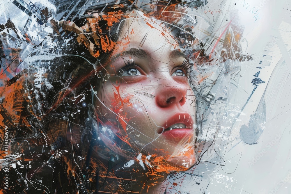 Poster close-up of a womans face with colorful paint splattered all over it, a robot artist creating stunni