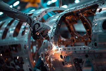 Close-up view of a machine generating sparks while welding a cracked section of an aircraft fuselage, A robot arm welding a cracked fuselage of an airplane