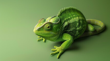 A green chameleon is sitting on a branch. The chameleon is looking at the camera. The background is green. The chameleon is a reptile.