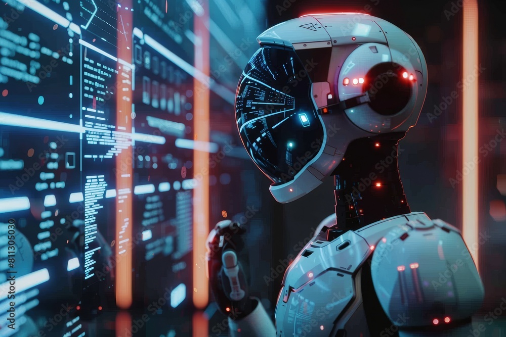 Poster a robot is facing a wall covered with complex data, displaying information and signals, a robot inte