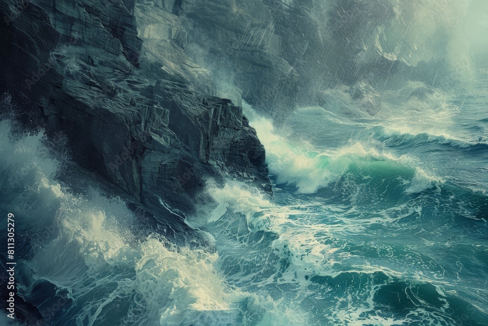 Poster dynamic waves collide with a rocky cliff in a powerful display of natures force, a rocky cliff overl