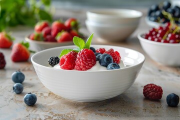 Berries, Raspberries, and Blueberries in Bowls on Table