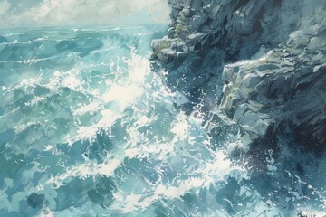 A painting depicting a rocky cliff towering over a turbulent ocean below, A rocky cliff overlooking a turbulent ocean, with crashing waves and swirling sea foam below - Powered by Adobe