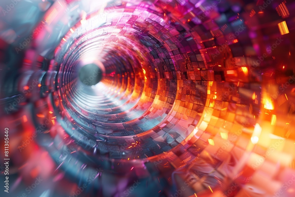 Poster an intriguing digital art piece featuring a tunnel-like vortex with abstract patterns, creating a se
