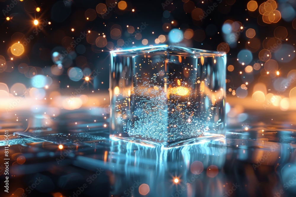 Poster a mesmerizing cube surrounded by a delicate bokeh of lights, depicting concepts of magic or mystery