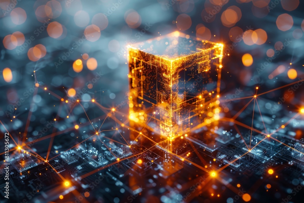 Poster an intricate digital golden cube hovers above a circuit-like structure, symbolizing advanced technol