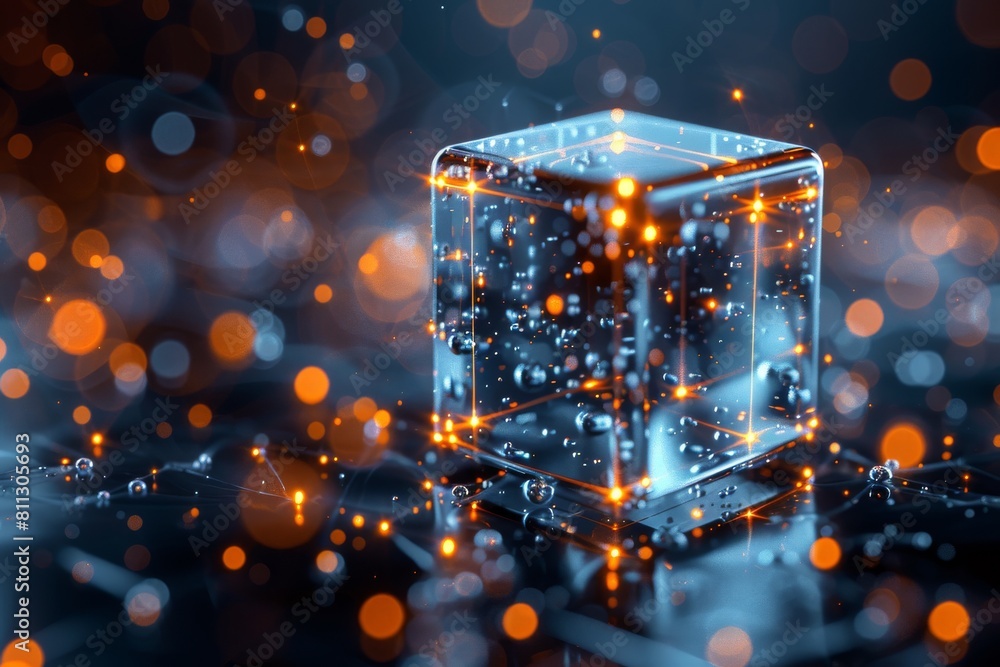 Poster a visually captivating image showcasing a transparent cube with sparkling water droplets on its surf