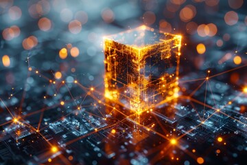 An intricate digital golden cube hovers above a circuit-like structure, symbolizing advanced technology and data processing with a glowing interconnected design