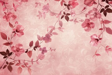 Pink flowers and leaves on a romantic pink background, A romantic pink background with subtle floral motifs
