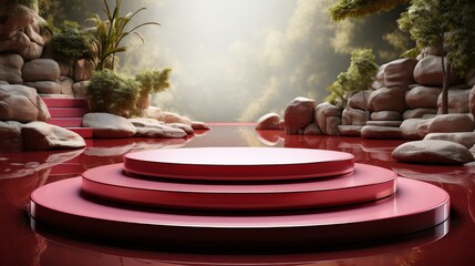 Fototapeta premium Red Room With Benches and Wall
