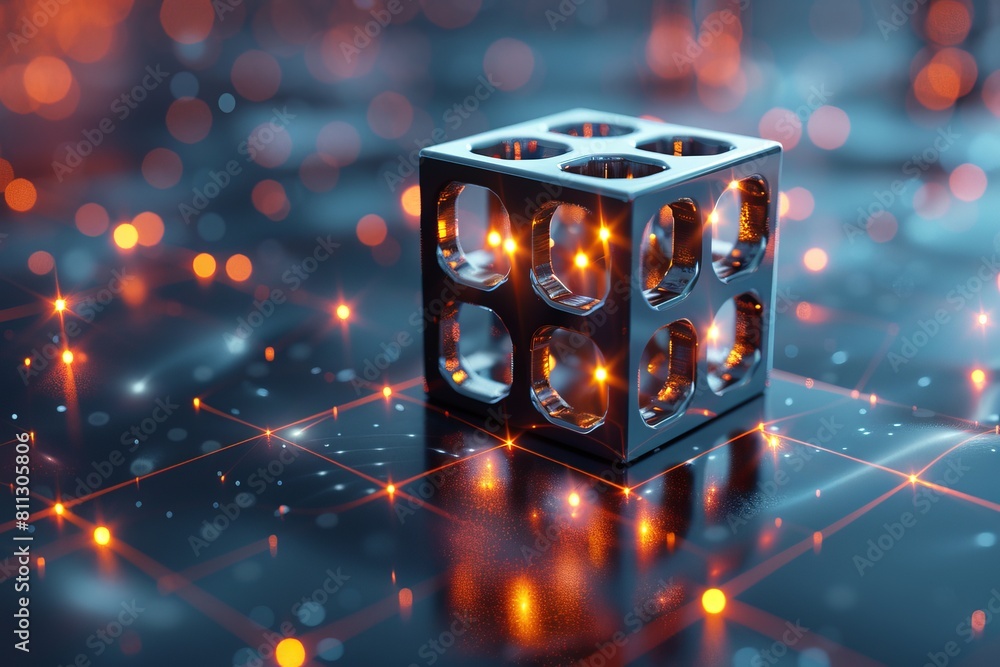 Aufkleber an intriguing image presenting a cube with ingenious design, emitting a neon glow in a futuristic, s